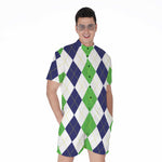 Green White And Navy Argyle Print Men's Rompers