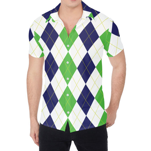 Green White And Navy Argyle Print Men's Shirt