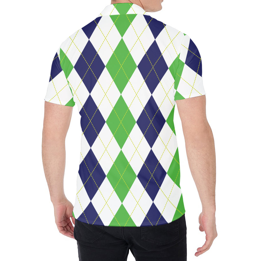 Green White And Navy Argyle Print Men's Shirt