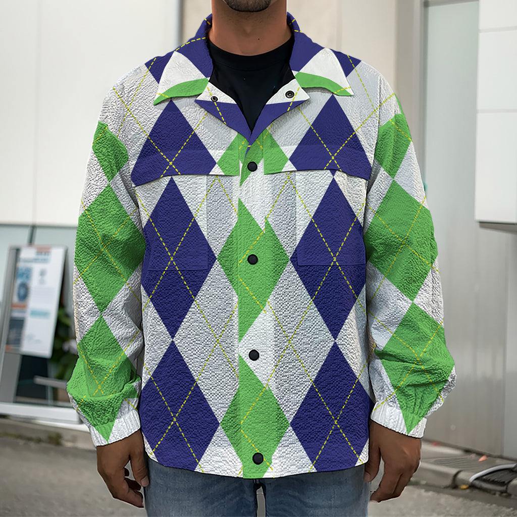 Green White And Navy Argyle Print Men's Shirt Jacket