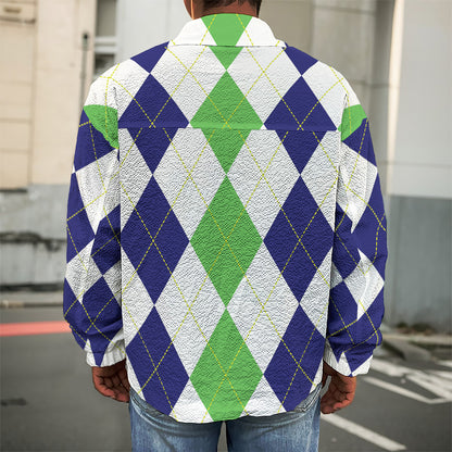 Green White And Navy Argyle Print Men's Shirt Jacket