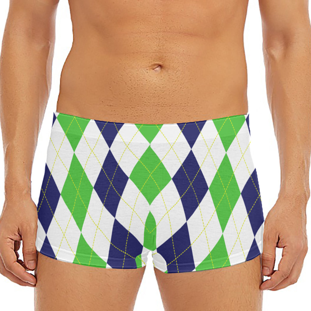 Green White And Navy Argyle Print Men's Short Boxer Briefs