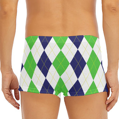 Green White And Navy Argyle Print Men's Short Boxer Briefs