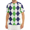 Green White And Navy Argyle Print Men's Short Sleeve Rash Guard