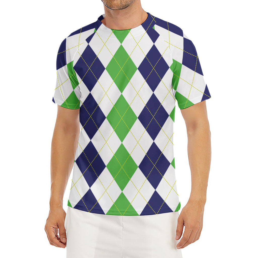 Green White And Navy Argyle Print Men's Short Sleeve Rash Guard