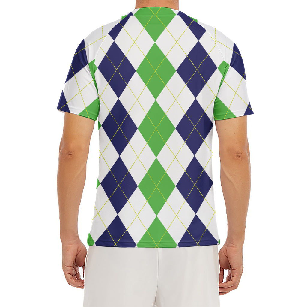 Green White And Navy Argyle Print Men's Short Sleeve Rash Guard