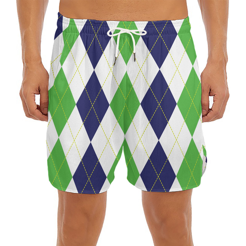 Green White And Navy Argyle Print Men's Split Running Shorts