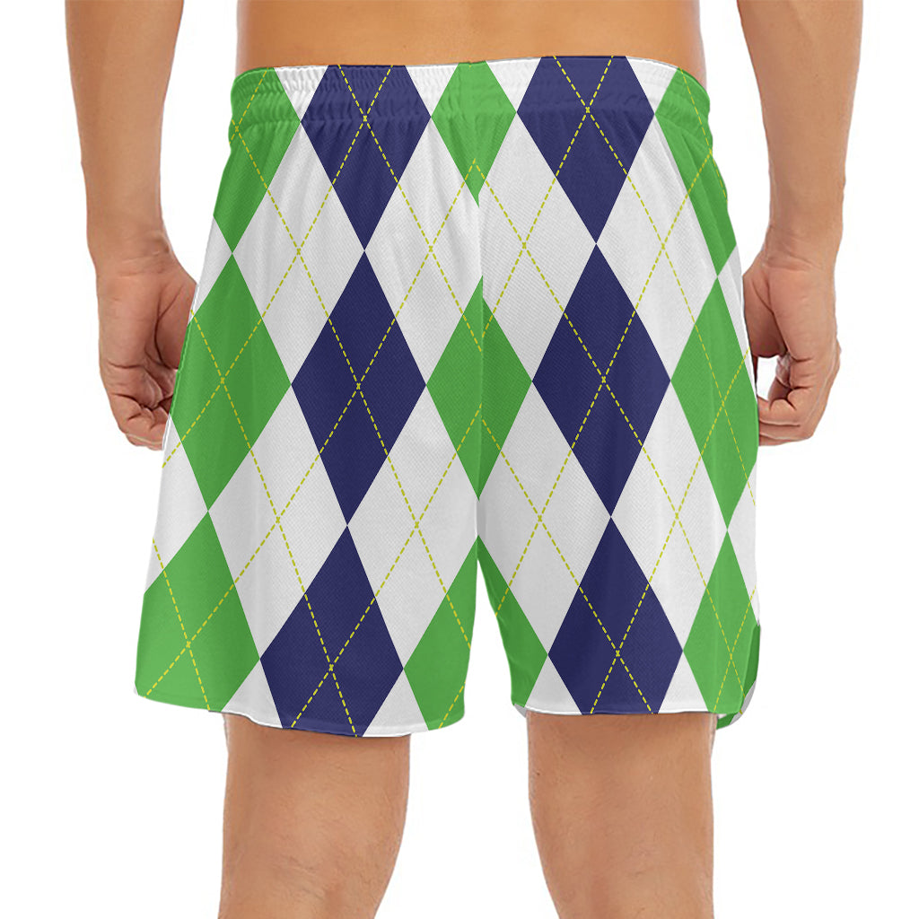 Green White And Navy Argyle Print Men's Split Running Shorts
