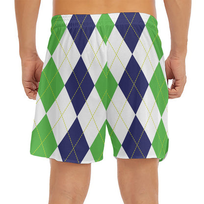 Green White And Navy Argyle Print Men's Split Running Shorts