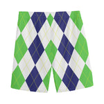 Green White And Navy Argyle Print Men's Sports Shorts