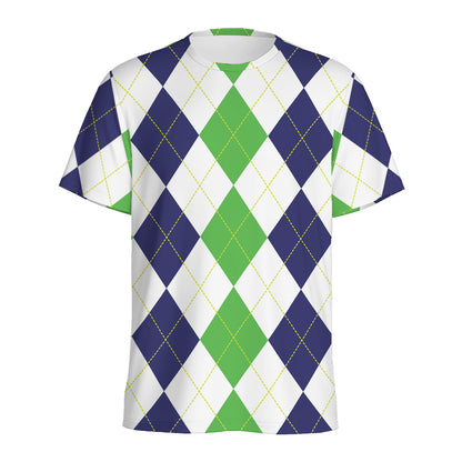 Green White And Navy Argyle Print Men's Sports T-Shirt