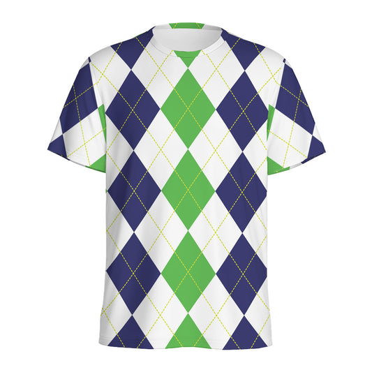 Green White And Navy Argyle Print Men's Sports T-Shirt