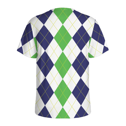 Green White And Navy Argyle Print Men's Sports T-Shirt