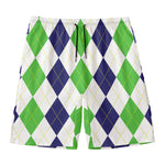Green White And Navy Argyle Print Men's Swim Trunks