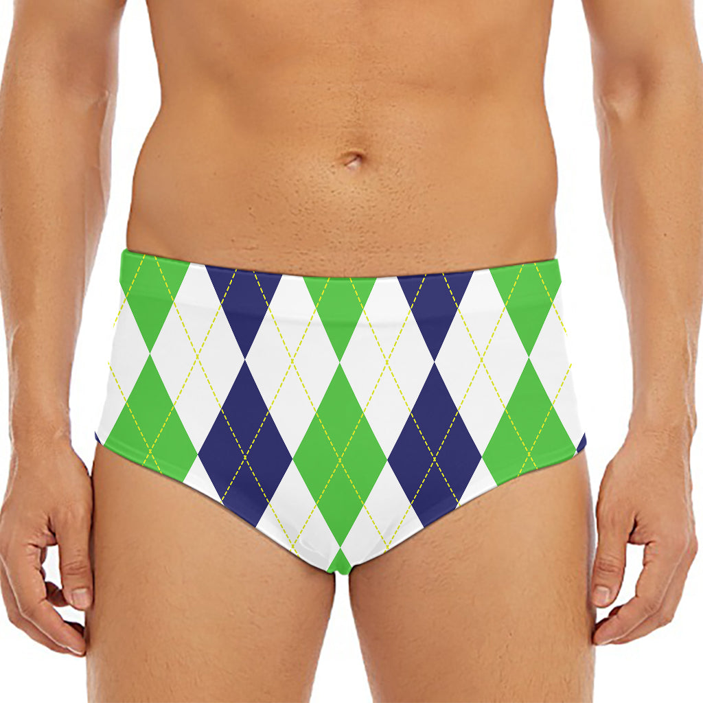 Green White And Navy Argyle Print Men's Triangle Swim Briefs