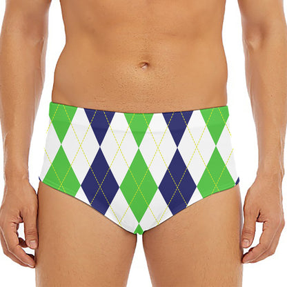 Green White And Navy Argyle Print Men's Triangle Swim Briefs
