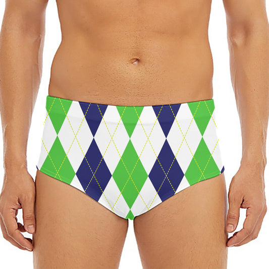 Green White And Navy Argyle Print Men's Triangle Swim Briefs