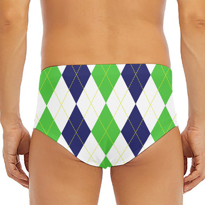 Green White And Navy Argyle Print Men's Triangle Swim Briefs