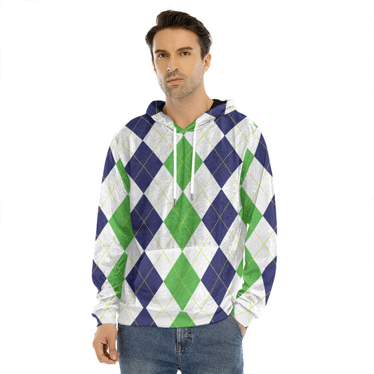 Green White And Navy Argyle Print Men's Velvet Pullover Hoodie
