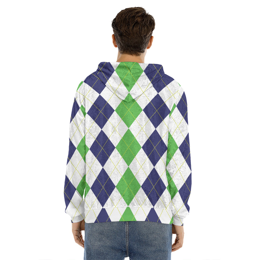 Green White And Navy Argyle Print Men's Velvet Pullover Hoodie