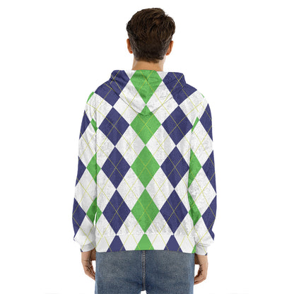 Green White And Navy Argyle Print Men's Velvet Pullover Hoodie