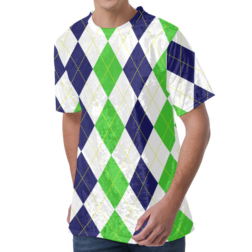 Green White And Navy Argyle Print Men's Velvet T-Shirt