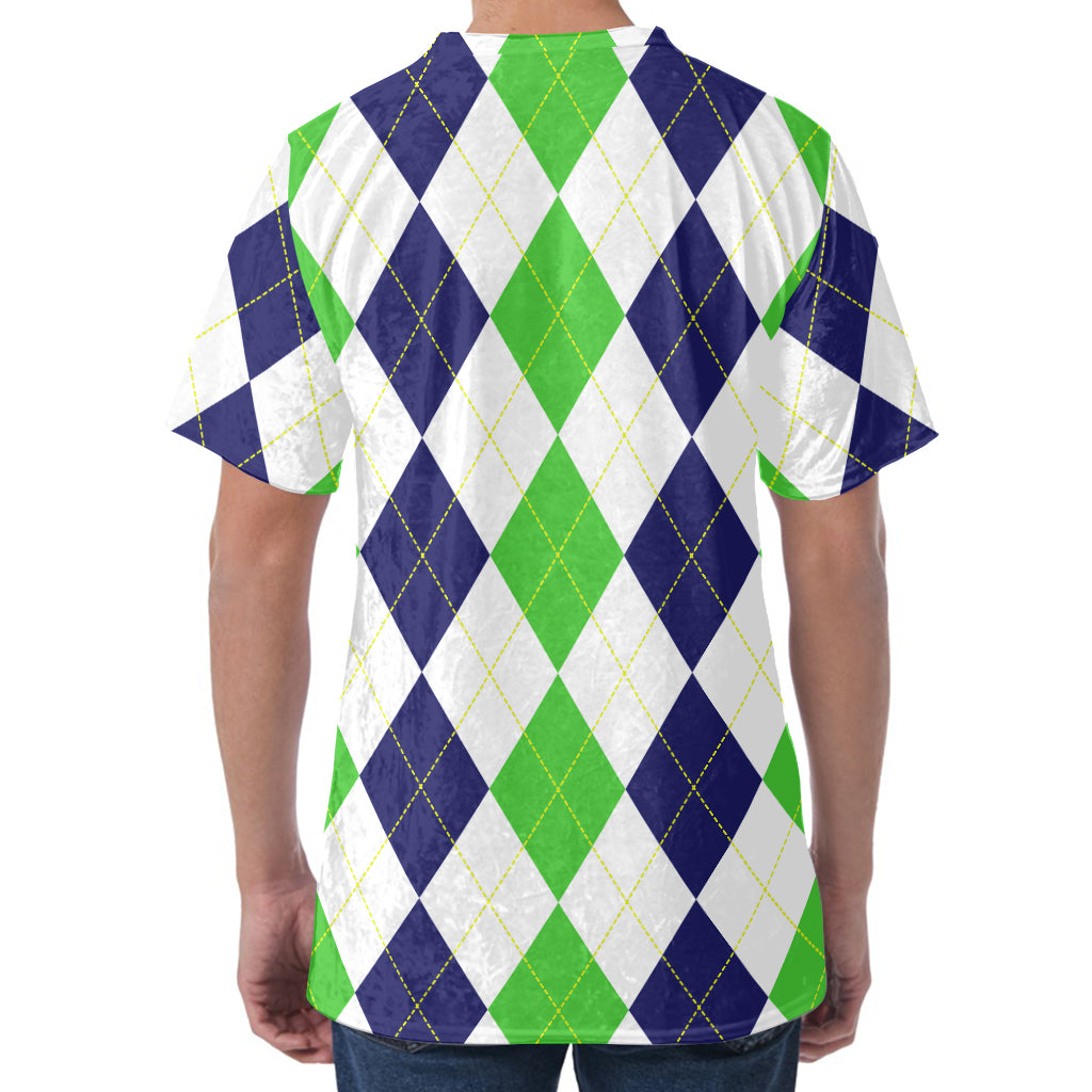 Green White And Navy Argyle Print Men's Velvet T-Shirt