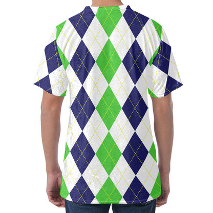 Green White And Navy Argyle Print Men's Velvet T-Shirt