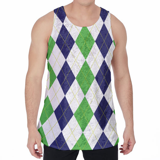 Green White And Navy Argyle Print Men's Velvet Tank Top