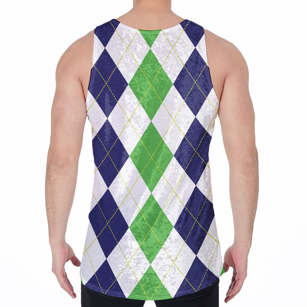 Green White And Navy Argyle Print Men's Velvet Tank Top