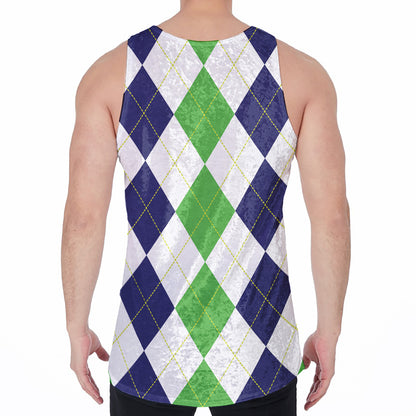 Green White And Navy Argyle Print Men's Velvet Tank Top