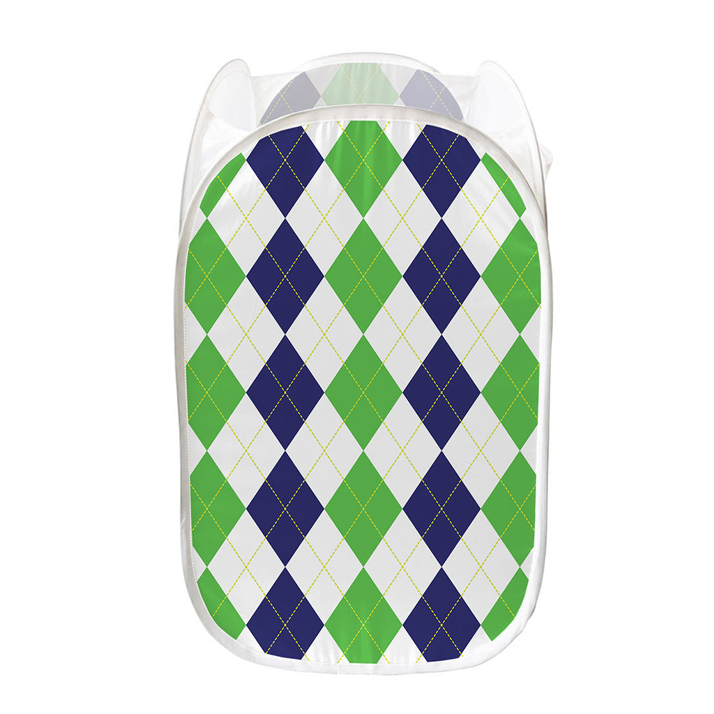Green White And Navy Argyle Print Mesh Laundry Hamper
