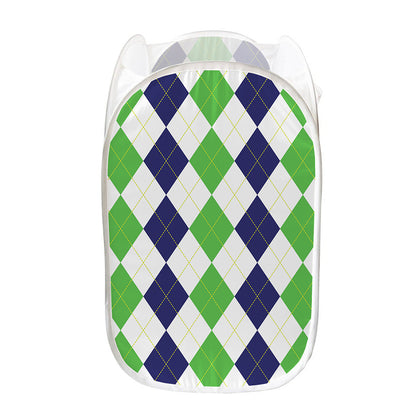 Green White And Navy Argyle Print Mesh Laundry Hamper