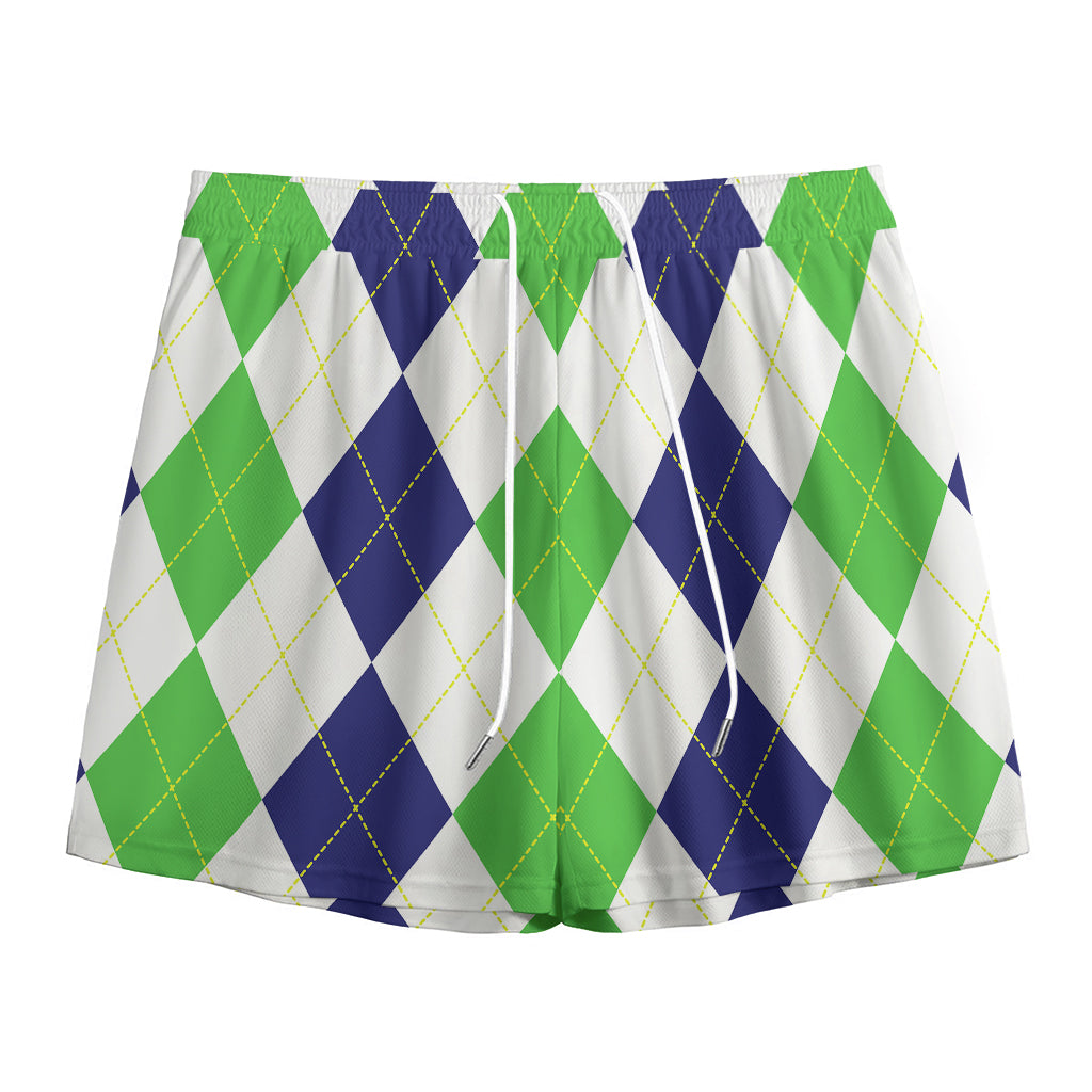 Green White And Navy Argyle Print Mesh Shorts