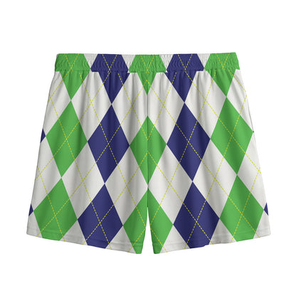 Green White And Navy Argyle Print Mesh Shorts