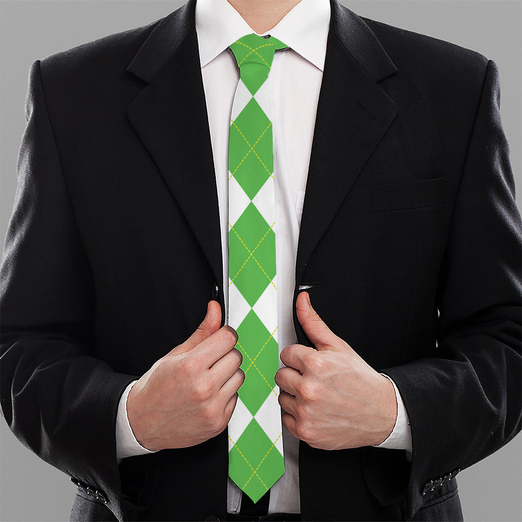 Green White And Navy Argyle Print Necktie