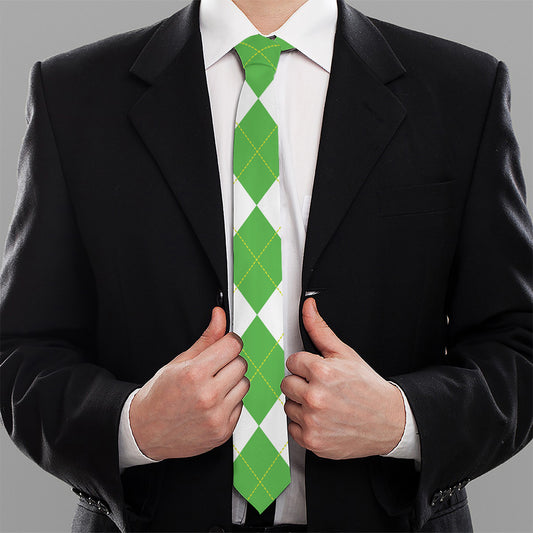 Green White And Navy Argyle Print Necktie