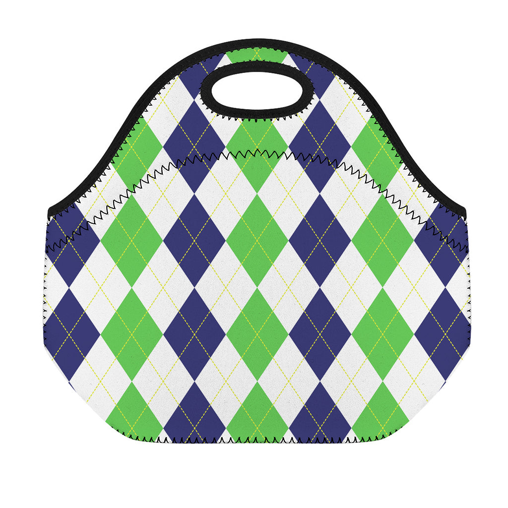 Green White And Navy Argyle Print Neoprene Lunch Bag