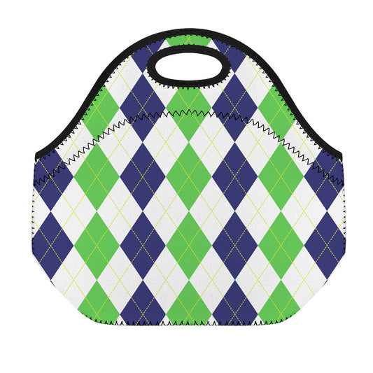 Green White And Navy Argyle Print Neoprene Lunch Bag