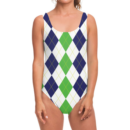 Green White And Navy Argyle Print One Piece Swimsuit