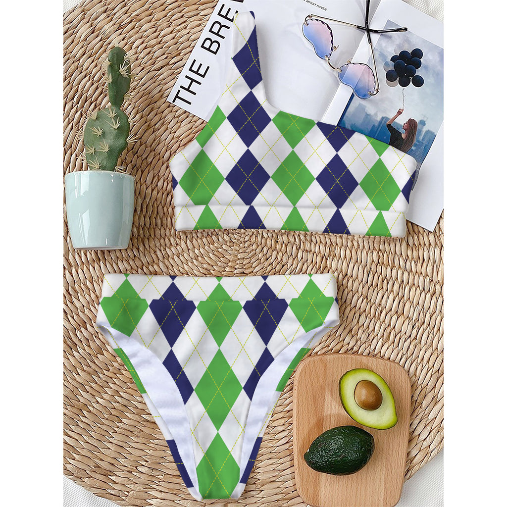 Green White And Navy Argyle Print One Shoulder Bikini Top