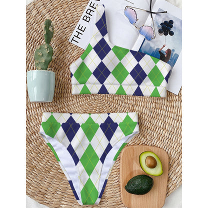 Green White And Navy Argyle Print One Shoulder Bikini Top