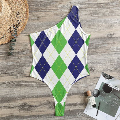Green White And Navy Argyle Print One Shoulder Bodysuit