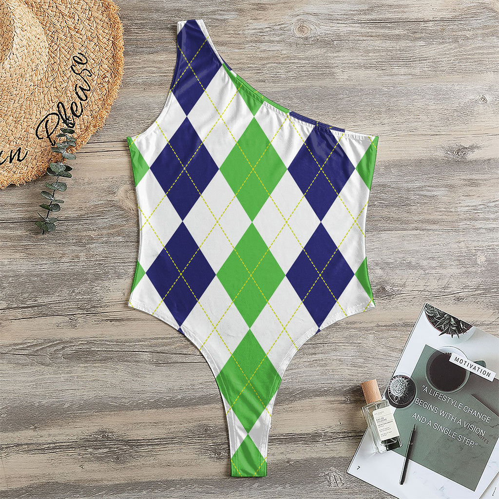 Green White And Navy Argyle Print One Shoulder Bodysuit