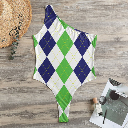 Green White And Navy Argyle Print One Shoulder Bodysuit
