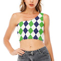 Green White And Navy Argyle Print One Shoulder Crop Top