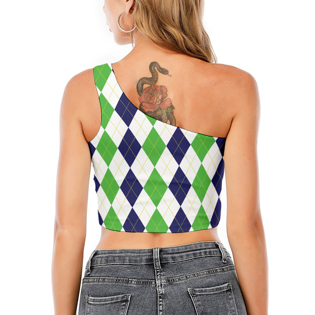 Green White And Navy Argyle Print One Shoulder Crop Top