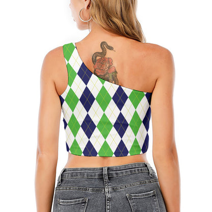 Green White And Navy Argyle Print One Shoulder Crop Top