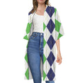 Green White And Navy Argyle Print Open Front Beach Cover Up