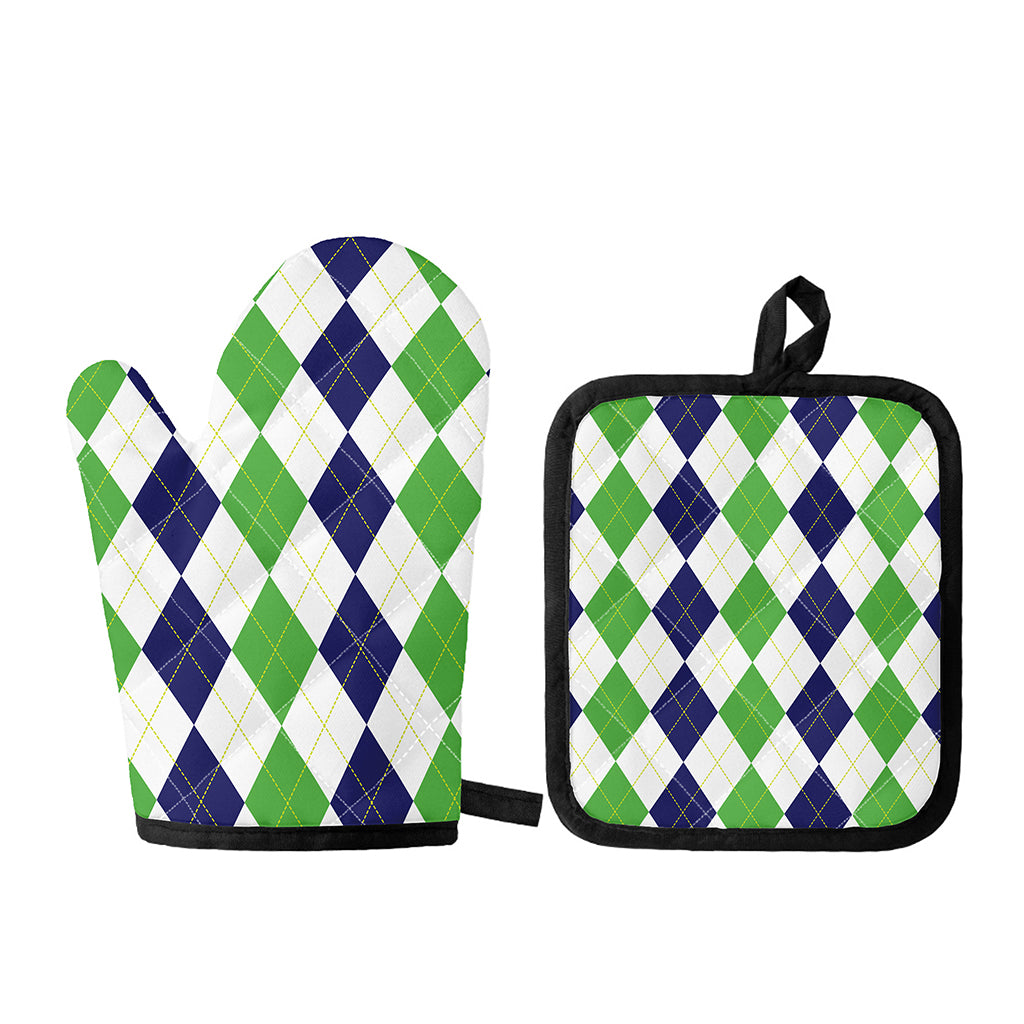 Green White And Navy Argyle Print Oven Mitt And Pot Holder Set